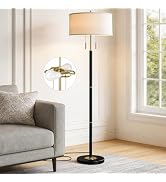 2-Light Mid Century Modern Floor Lamp, Standing Lamp with Fabric Shade and Pull Chain Switch, Tal...