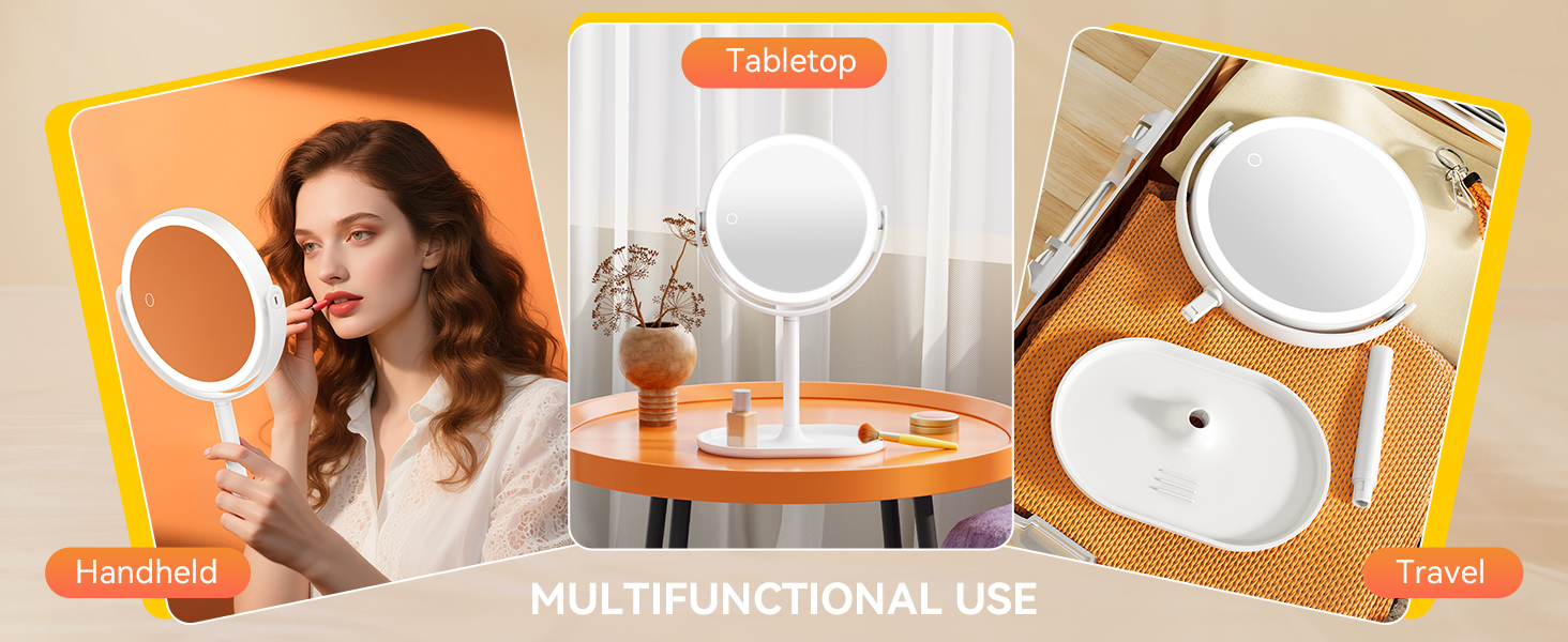 Multifunctional makeup mirror: handheld, tabletop, travel portable, for daily use and on-the-go