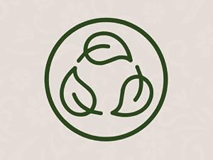 Green circular line icon containing three abstract curved leaf or organic shapes arranged symmetrically on beige background.