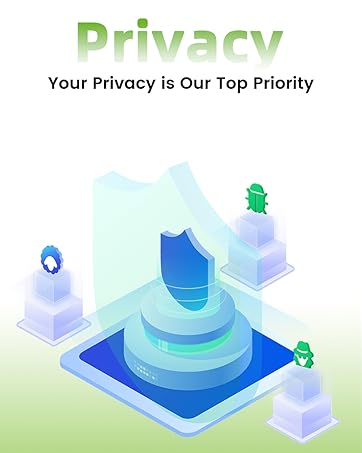 Isometric digital illustration showing privacy concept with blue shield icon centered on platform, surrounded by smaller security-related icons.