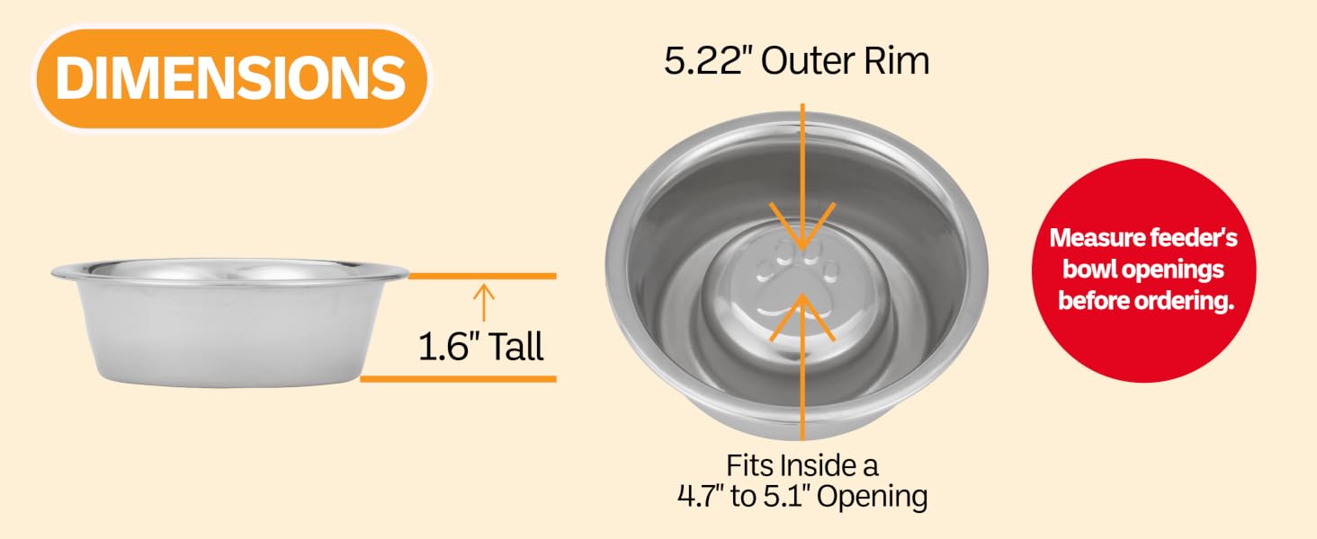 Dimensions of the 3/4 cup slow feed bowl