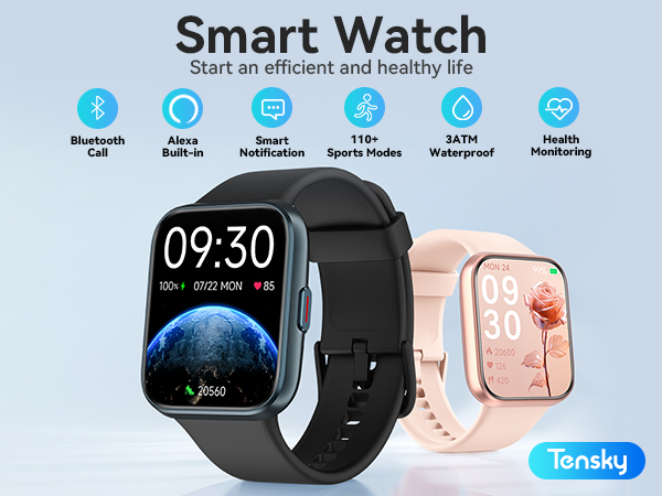 Text reads 'Smart Watch'. Digital smartwatch display showing multiple function icons including messaging, fitness tracking, and time display (09:30). Product shown from multiple angles on light blue background.