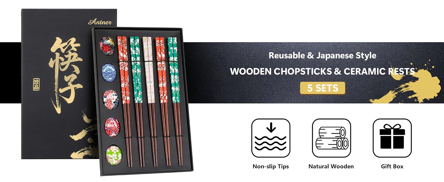 Reusable Wooden Chopsticks Set with Ceramic Chopstick Rests