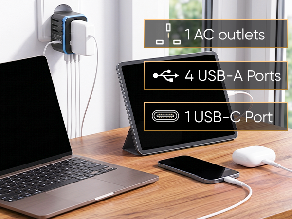Fast Charge with 1 Type C, 4 USB Ports and 1 AC Socket
