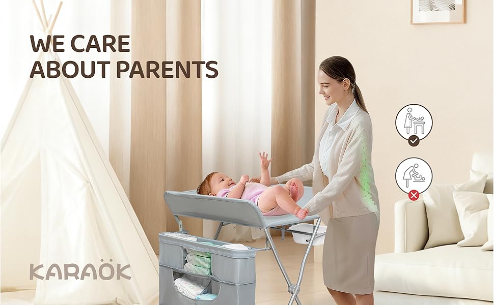 Text reads 'WE CARE ABOUT PARENTS' and 'KARAOK'. Series of interior shots showing living room spaces with light, neutral furnishings.