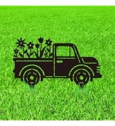 WADORN Pickup Truck Metal Decorative Garden Stakes, Black Truck Car with Flowers Outdoor Statues ...