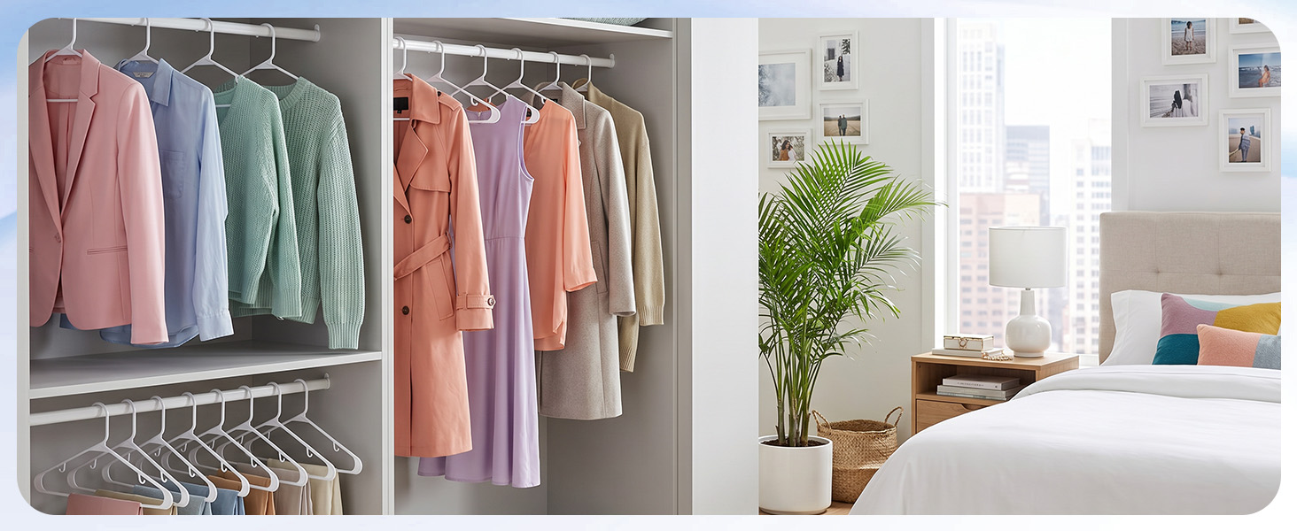 Dorm room closet with slim white plastic hangers. Fits twice as many clothes in tiny rod space