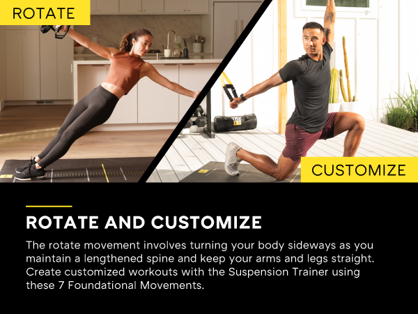 Two people working out with at-home fitness equipment. Text reads: Rotate and customize.