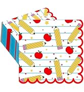 Whaline 100 Pcs Back to School Cocktail Napkins Scalloped Disposable Paper Napkin Apples Pencil N...