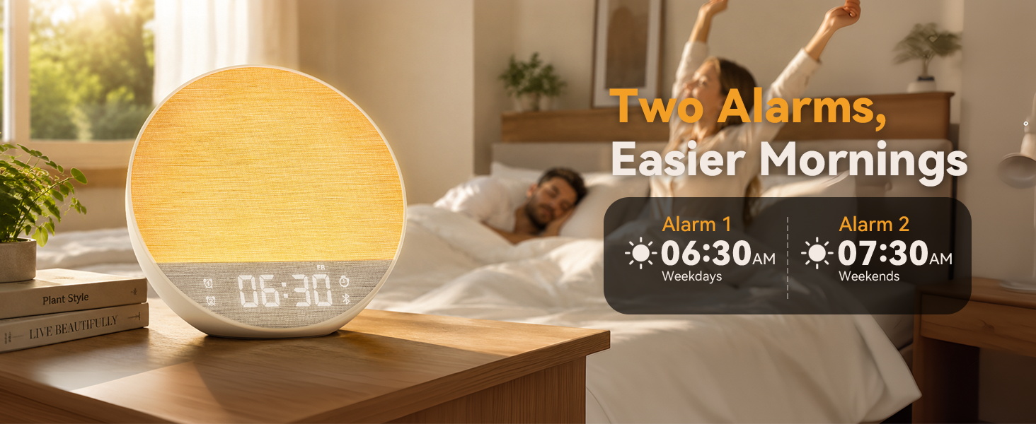 Dual alarm clock sunrise wake up light for couples with separate weekday and weekend schedules.