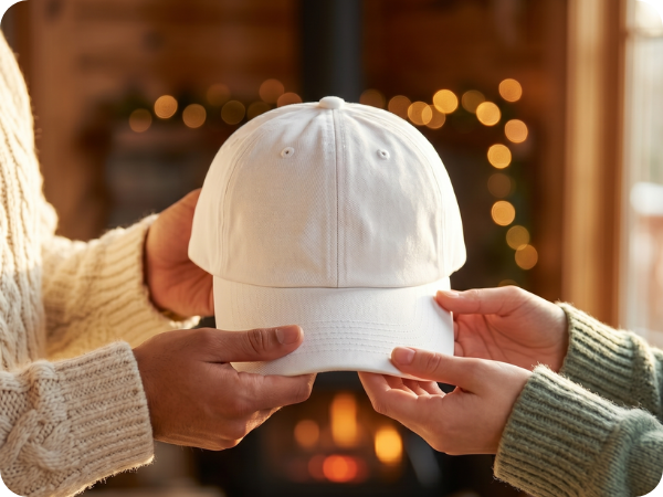 Two hands exchanging a plain blank white dad hat as gift.