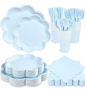 350 Pcs Light Blue Paper Plates and Napkins Set, 10" Baby Blue Dinner Plate, 8" Scalloped Dessert...