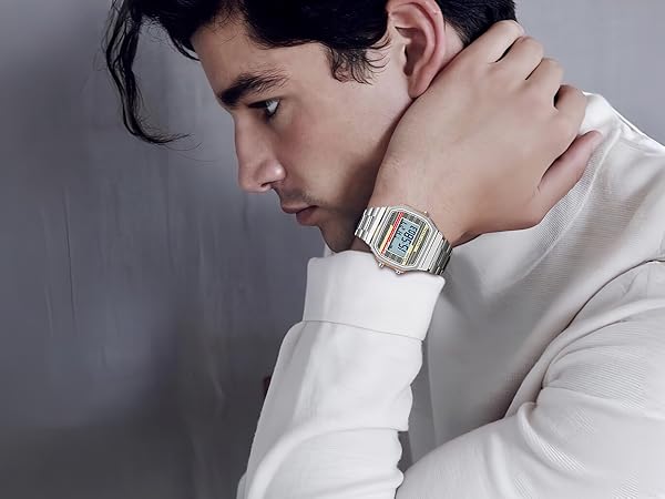 Retro stainless steel digital watch for everyday wear, square case with clear display