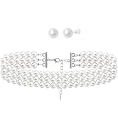 Xyulaan Women's Wedding Boho Vintage Pearl Choker Necklace Set with Earrings, Layered Imitation P...