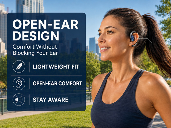 Lightweight open-ear earbuds designed for outdoor comfort and awareness.