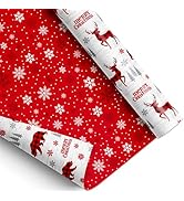 ZINTBIAL Reversible Christmas Wrapping Paper - Holiday Gift Wrap with Plaid Reindeer & Bear, Red ...
