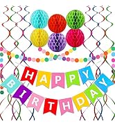 Happy Birthday Banner, Rainbow Birthday Banner, 6 Honeycomb Balls, 8 Metallic Hanging Swirls and ...