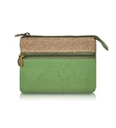 Small zippered pouch with two compartments. Upper section in beige textured material, lower in green fabric. Green zipper and pull tab visible.