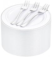 WELLIFE 240PCS Silver Plastic Dessert Plates - Includes 120PCS Silver Forks, 120PCS 6.3 Inch Sala...