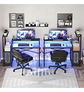 YATINEY Computer Desk with LED Light and Power Outlet, Gaming Desk with Monitor Stand, Reversible...