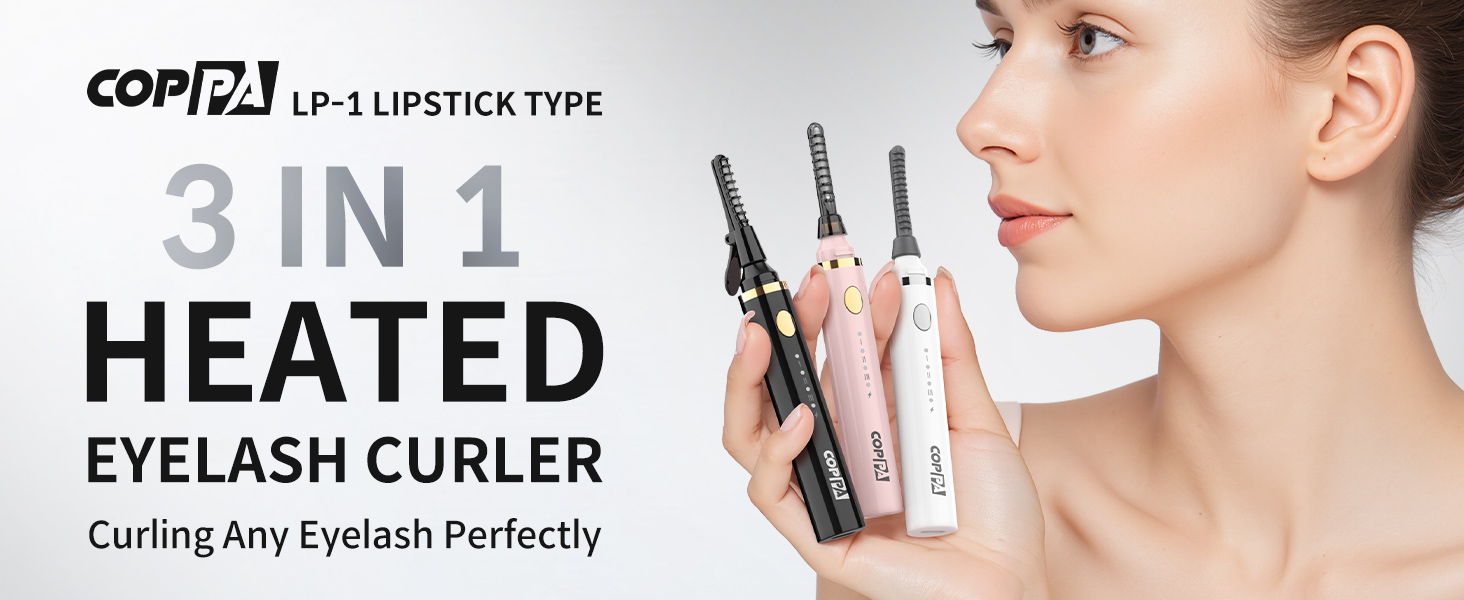 3-in-1 heated eyelash curler in black, pink, and white. Device curls eyelashes perfectly. Woman demonstrating product use, holding curlers near face.