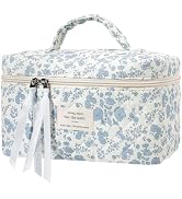senbowe Large Quilted Makeup Bag, Cotton Quilted Floral Cosmetic Bag for Women, Cute Floral Coque...