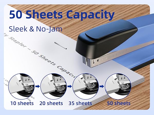 This heavy-duty stapler can staple 50 sheets. This stapler offers a high-quality, no-jam stapling.