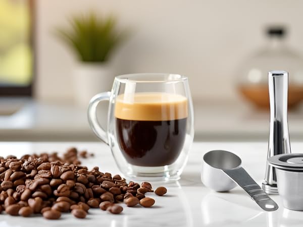 A rustic wooden table with a steaming cup of coffee and a few scattered coffee beans, creating a coz