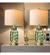 Oneach 22" Glass Table Lamps Set of 2, Green Modern Bedside Lamp with LED Night Light for Living ...