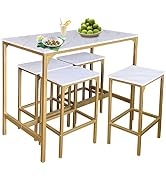 AT-VALY 5-Piece Bar Table Set with 4 Stools,Dining Room Table Set,Small Spaces (Gold & White)
