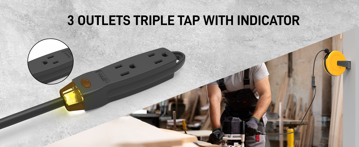 30FT Retractable Extension Cord Reel 3 OUTLETS TRIPLE TAP WITH INDICATOR