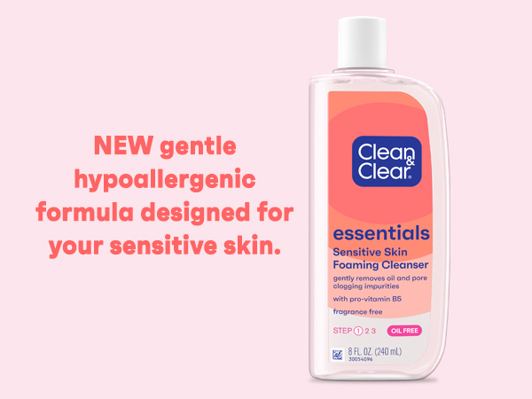 Clean & Clear Essentials Foaming Cleanser on pink background new gentle formula for sensitive skin