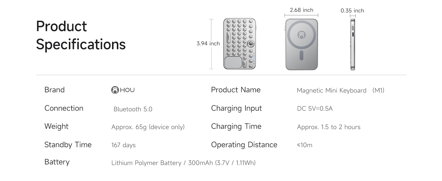 Detailed parameter sheet of magnetic mini keyboard including size, weight and battery info