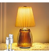 MJ PREMIER Cordless Table Lamp Rechargeable Small Battery Operated Lamp with Timer Linen Pleated ...
