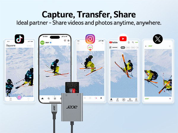 Device showcasing ski videos on social media apps. Gray adapter with cable connects to smartphone, enabling content transfer and sharing across platforms.