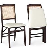 Giantex Folding Dining Chairs Set of 2, Rubber Wood Kitchen Chair w/Linen Padded Seat & Rattan Ba...