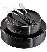 DaYammi 30 Guests Black Plastic Plates with Disposable Silverware,Silver Cutlery with Black Handl...