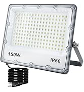 150W LED Flood Lights Plug in, Outdoor Security Lighting Fixtures 3000K 15000LM Warm White Illumi...