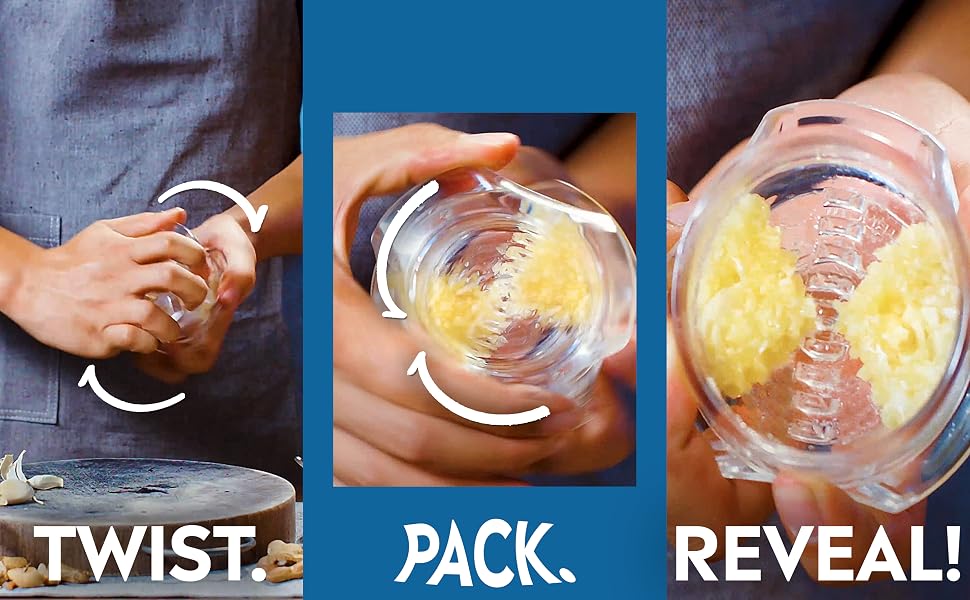 How to use garlic twister. First Twist to mince. Then pack into triangles. reveal the end!