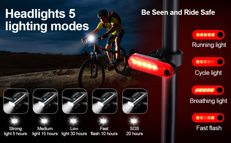 5 Lighting Modes Bike Headlight + 4 Lighting Modes Bike Taillight