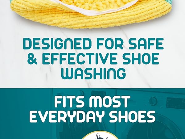 Text reads: "DESIGNED FOR SAFE & EFFECTIVE SHOE WASHING" and "FITS MOST EVERYDAY SHOES" on teal background with yellow curved element.