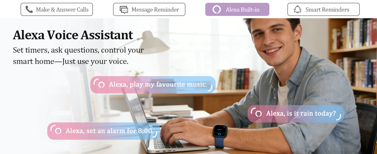 Text reads 'Alexa Voice Assistant' with chat bubble interface elements. Shows computer setup with voice assistant interface demonstrations.