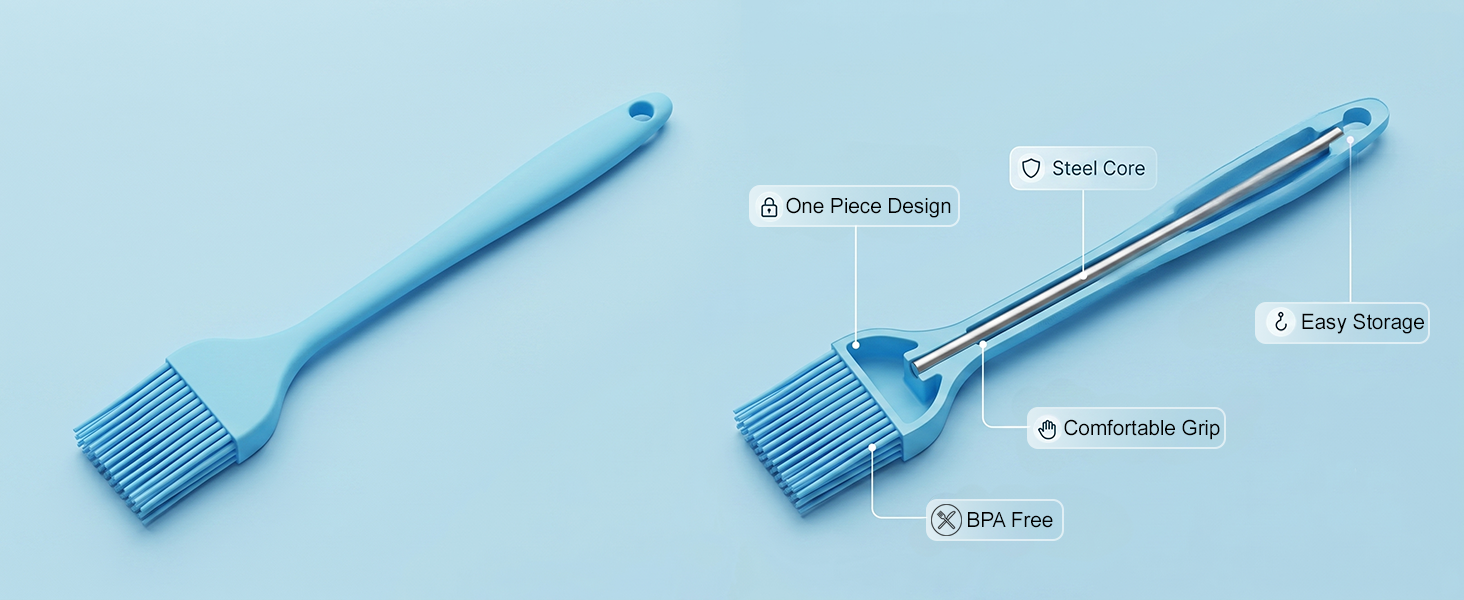Cross section of blue silicone basting brush showing steel core one piece design and BPA free badge