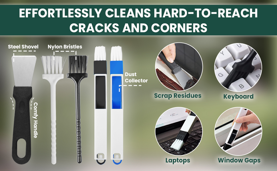 Steel shovel and nylon bristle brush for cleaning scrap residues, keyboards, and laptops.