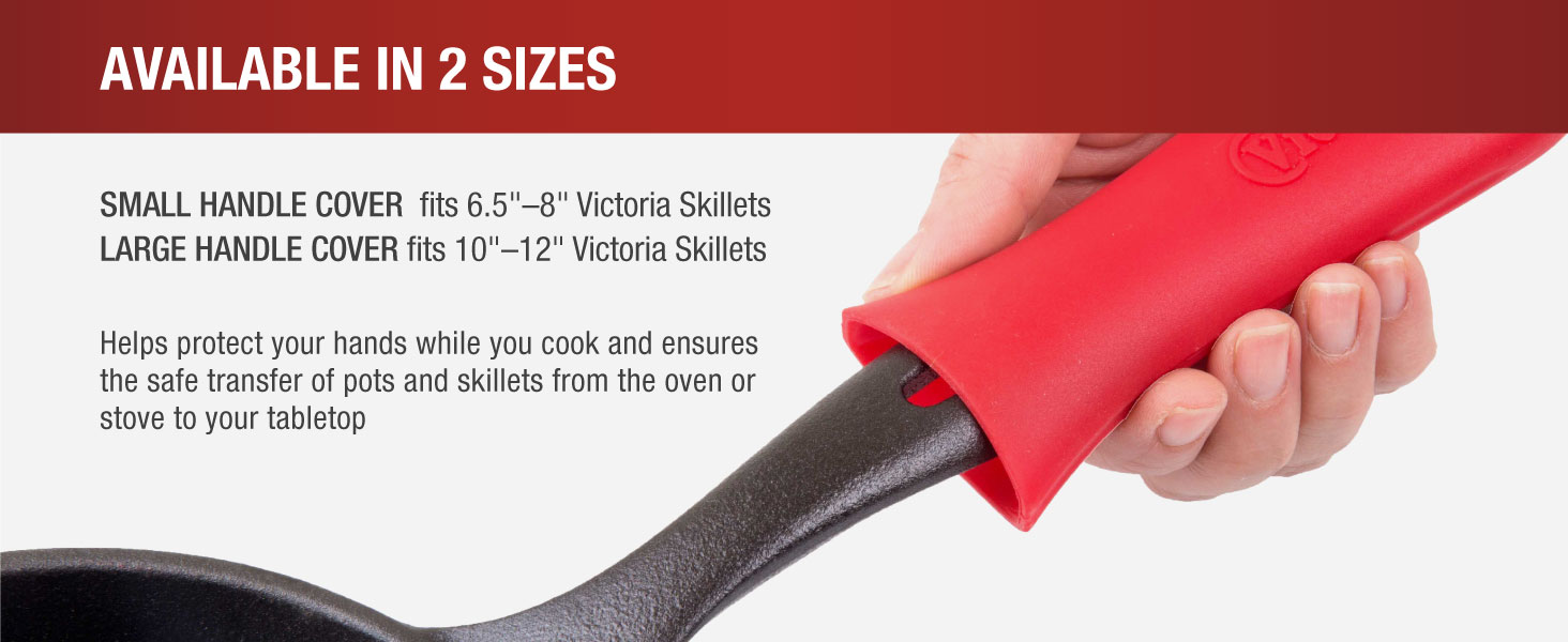 A hand holding a heat-resistant silicone handle cover. Text reads: Protects your hands.