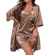 Ekouaer Women's Satin Robe Set Nightgown with Robes Silk Pajama Set 2 Pieces Lingerie Cowl Neck C...