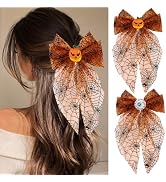 2Pcs Halloween Mesh Bow Hair Clips Set, Pumpkin Eyeball Decor Spiderweb Tulle Ribbon Barrettes, L...