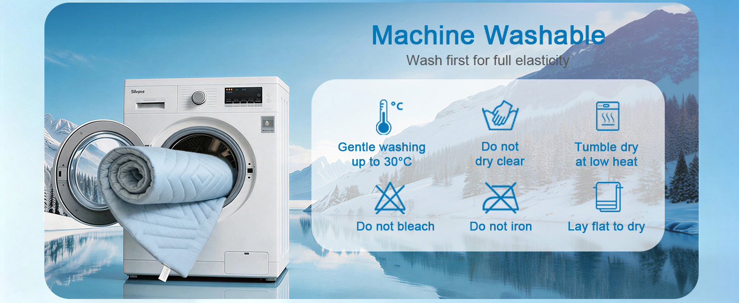 Text reads "Machine Washable" and "Gentle Washing" and "Do not bleach" and "Tumble dry low" and "Lay flat to dry". Washing machine product displayed with care instruction icons on blue gradient background.