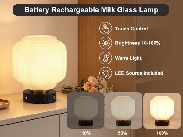 Rechargeable Table Lamp Cordless Milk Glass Bedside Lamp Small white and black