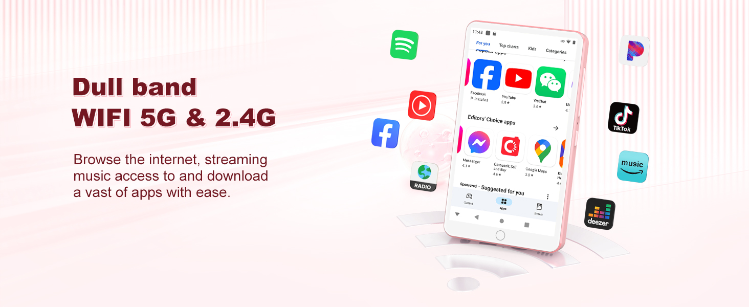 Smartphone screen displaying app icons for social media and communication. Text mentions 'Dual band WIFI 5G & 2.4G' above the image.